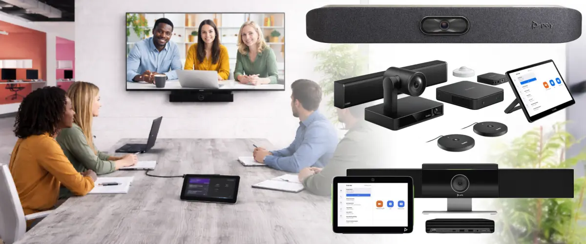 Video conferencing systems installed in a Dubai boardroom — Yealink MeetingBar, Logitech Rally Bar and HP Poly systems supplied and commissioned by Vector Digital Systems