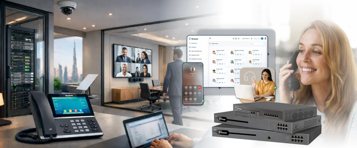 Office PBX and IT setup in Dubai — Yealink IP phones, Yeastar P-Series cloud PBX and Linkus softphone supplied and installed by Vector Digital Systems across the UAE