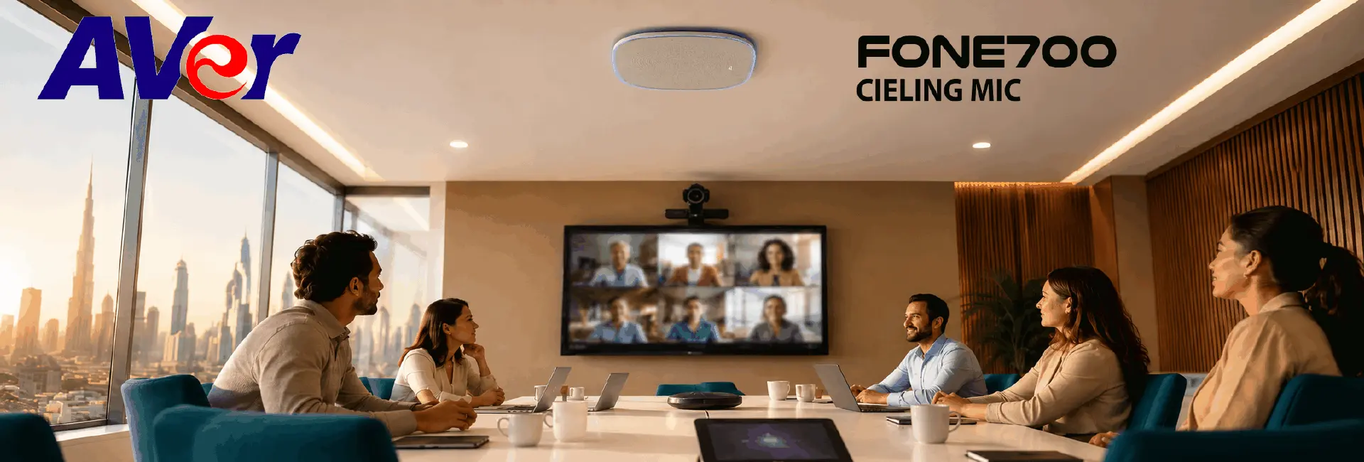 AVer camera and ceiling microphone integration in Dubai — CAM550 taking talker position from installed Shure, Sennheiser, Nureva and Yamaha ceiling arrays