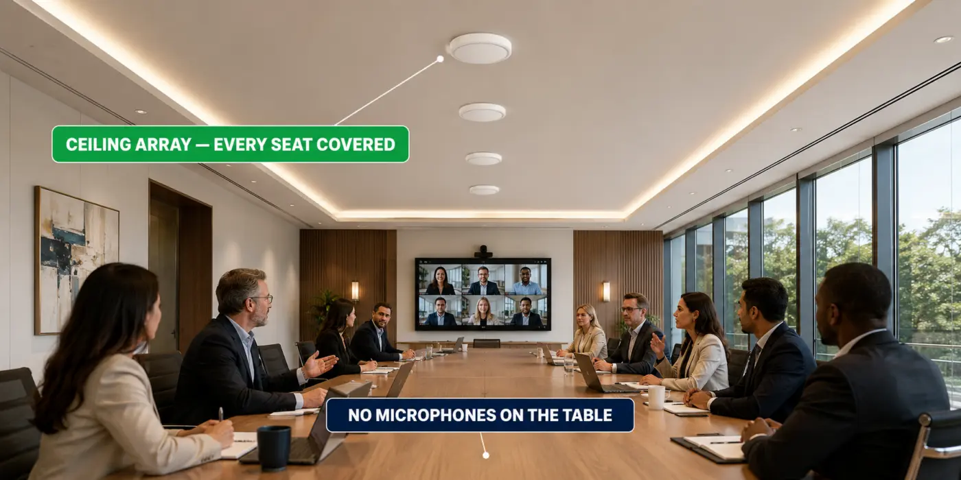 Ceiling microphone array covering every seat in a Dubai boardroom video conferencing system — clean table with no microphones on it