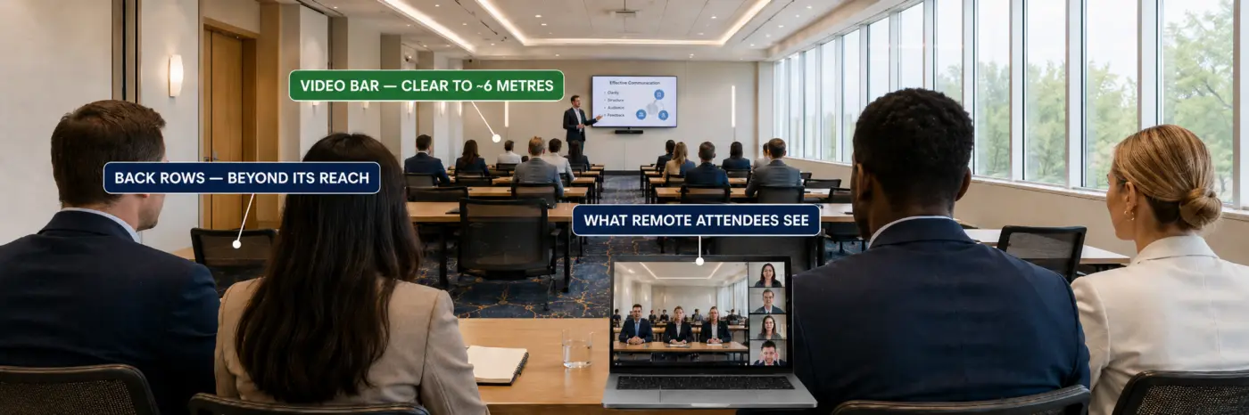 Classroom video conferencing system with face tracking camera in Dubai and Abu Dhabi — the trainer framed for remote students in a hybrid training room