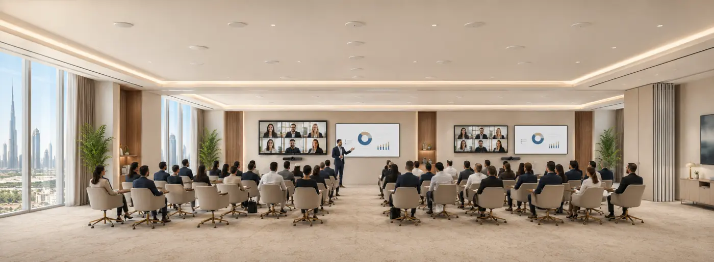Combined meeting room mode — operable wall retracted, one large hybrid video conference with repeater displays, Dubai UAE