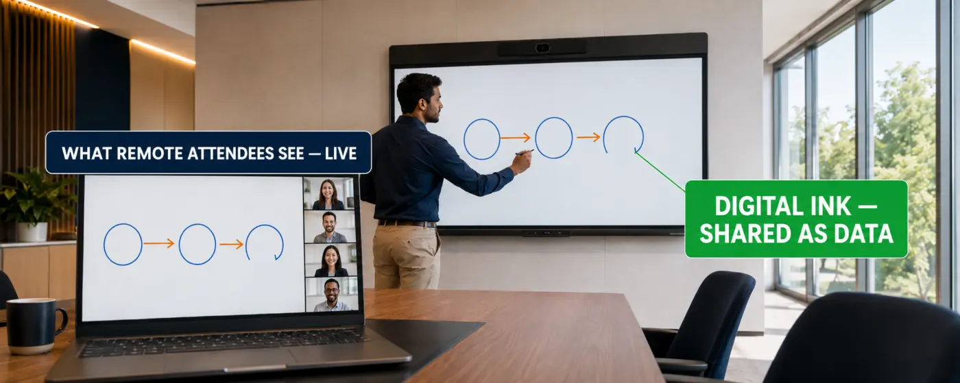 Digital ink shared live from an interactive display — the same drawing appearing instantly on a remote participant's laptop in the video call