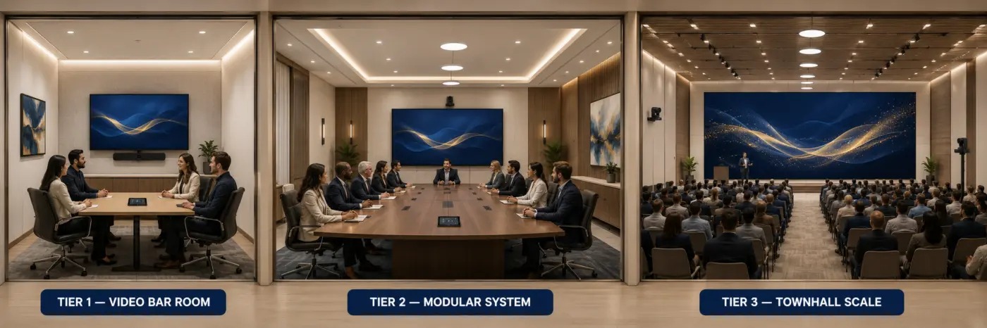 The three large meeting room system tiers in Dubai — video bar room, modular system with ceiling microphones, and townhall-scale LED wall with multiple cameras