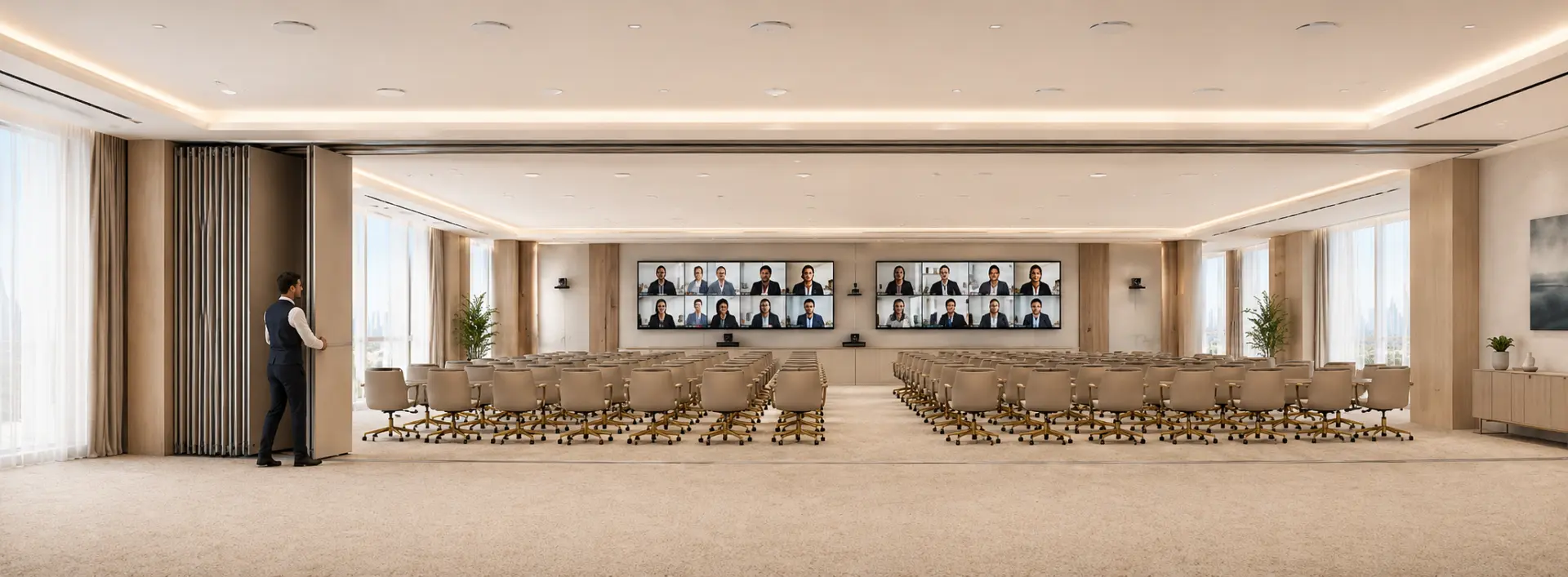 Divisible meeting room system in a Dubai venue — operable wall retracting into one combined hybrid meeting space with dual displays and ceiling microphones