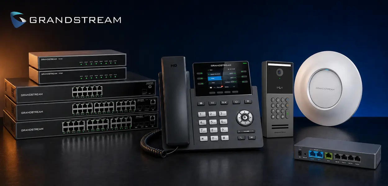 Grandstream product family in Dubai — IP PBX, desk phones, WiFi access point, switch and gateway from Vector Digital Systems stock