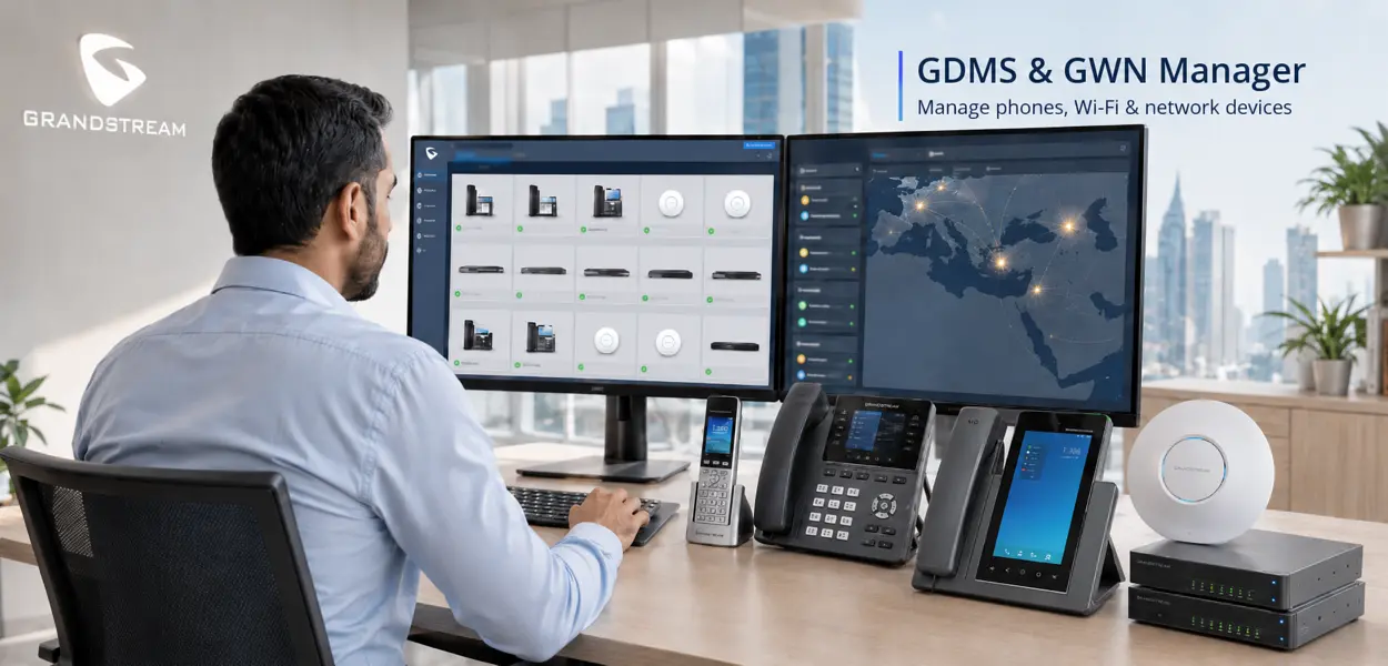 GDMS and GWN device management dashboard — Grandstream phones, WiFi and network devices managed from one screen