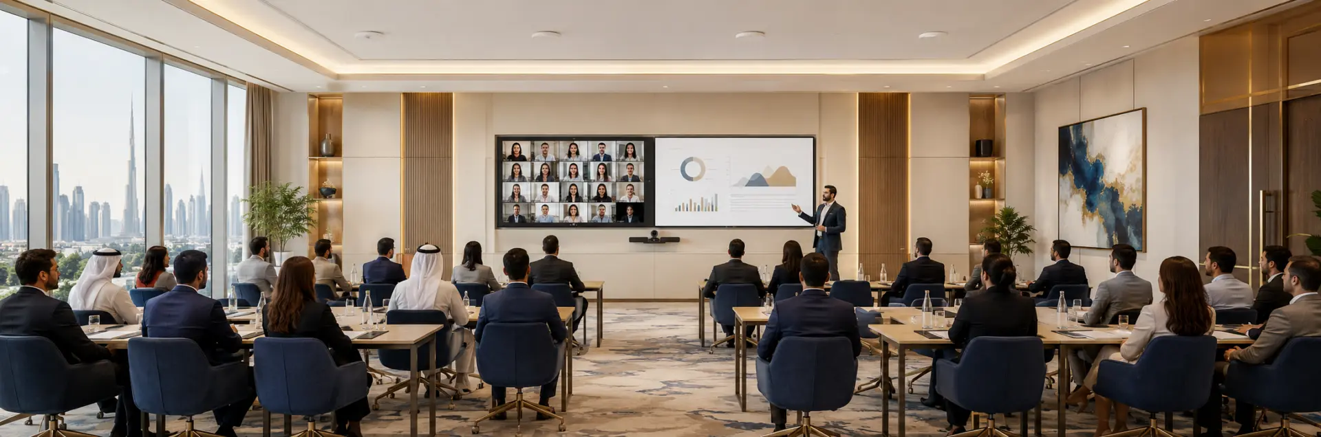 Large meeting room video conferencing system installed in a Dubai training hall — dual displays, PTZ camera and ceiling microphones