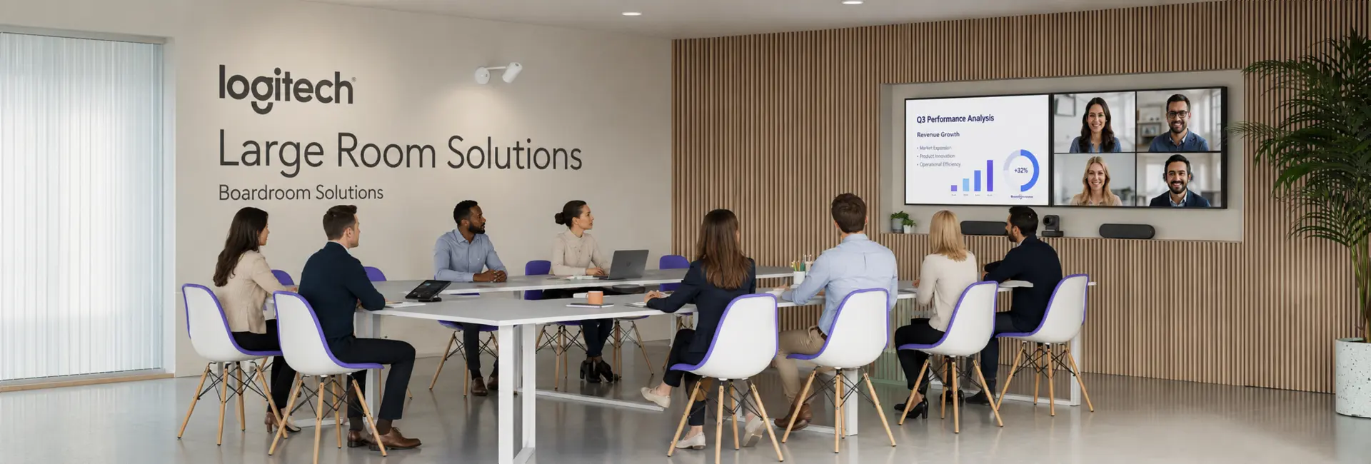 Logitech large room video conferencing solutions — Rally Bar with Sight, RoomMate and Rally Plus boardroom systems supplied and installed in Dubai and across the UAE