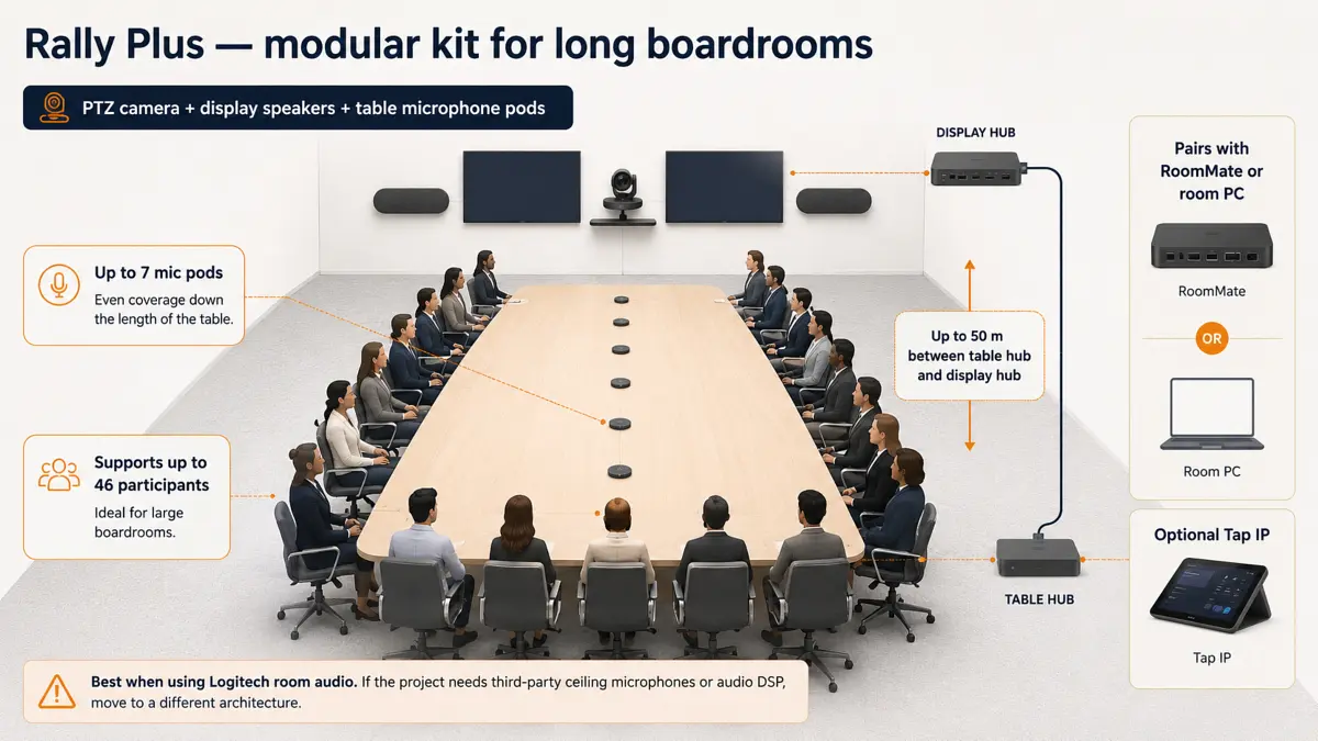 Logitech Rally Plus large room video conferencing system installed in a Dubai boardroom — Rally PTZ camera and dual speakers at the display wall, Rally Mic Pods along the conference table