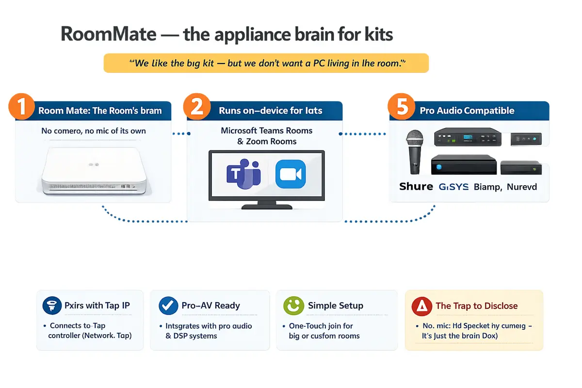 Logitech RoomMate compute appliance for UAE boardrooms — runs Microsoft Teams Rooms, Zoom Rooms or Google Meet natively and pairs with Rally Camera and verified third-party DSP for professional ceiling audio