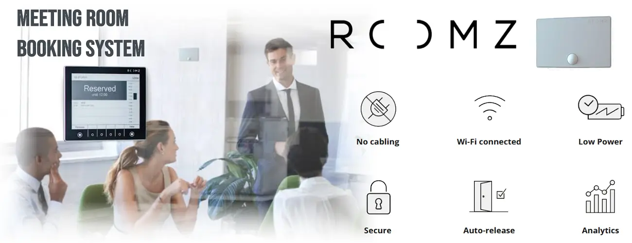 ROOMZ meeting room booking system — e-paper display showing Reserved status, Wi-Fi connected, no cabling required, auto-release, analytics — supplied in Dubai UAE by Vector Digital Systems