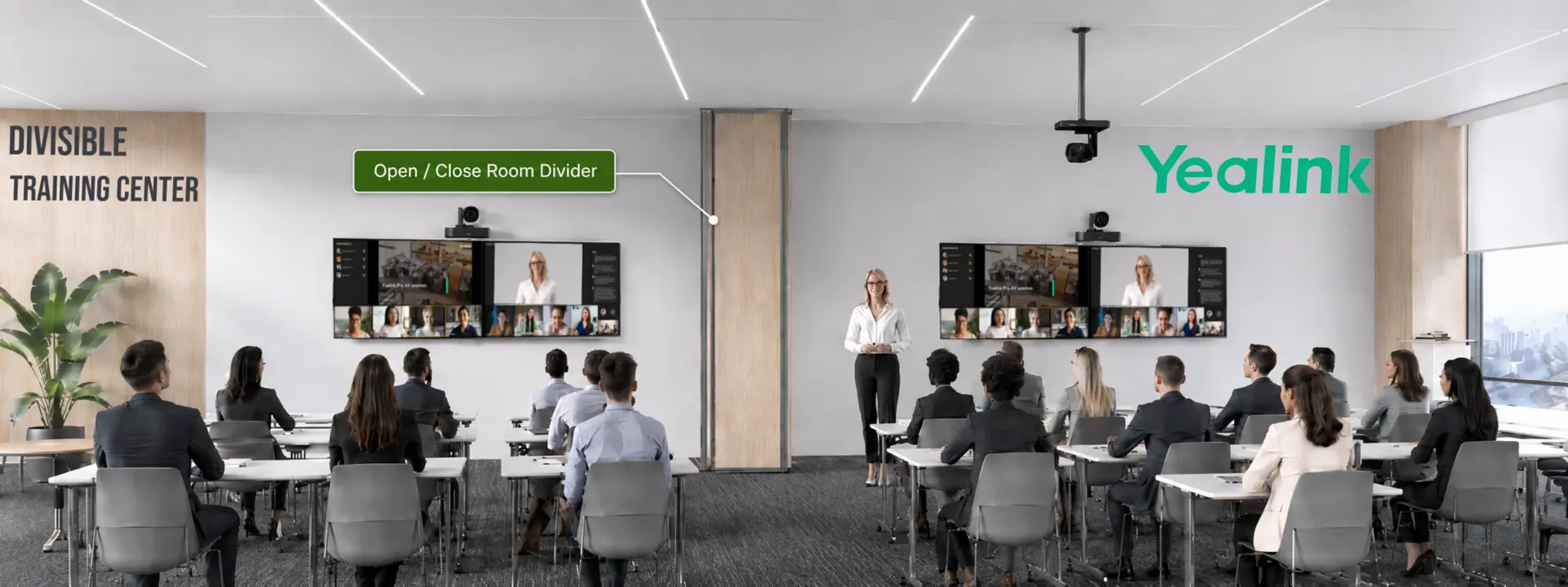 Yealink divisible room solution — AP08 audio processor and YPS20 partition sensor automate wall-open and wall-closed configurations for hotels, training centres and event venues in Dubai