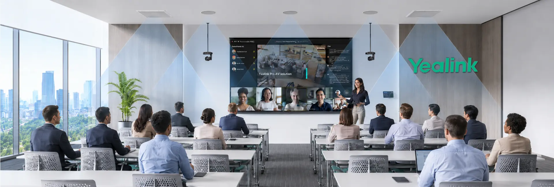 Yealink large meeting room system — multi-camera AVHub boardroom with MVC S90 and ceiling audio, designed and installed by Vector Digital Systems in Dubai and UAE