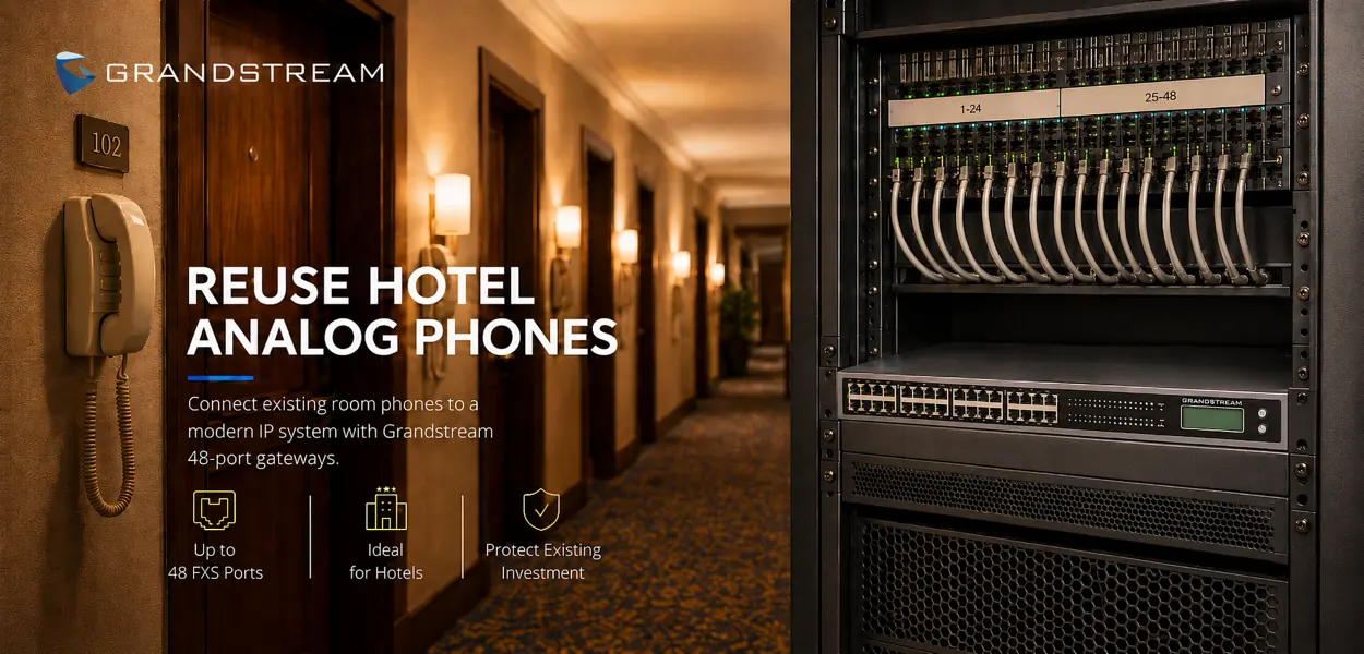 Grandstream FXS gateway reusing analog phones in an IP migration — analog handsets kept on a modern system in Dubai