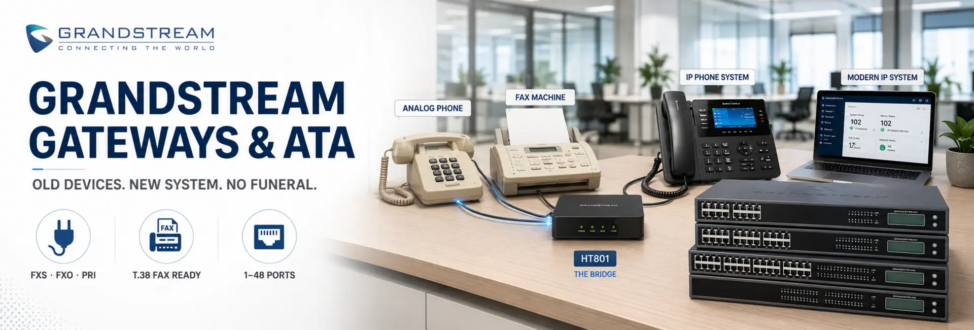 Grandstream gateways and ATA in Dubai — HT and GXW series connecting analog phones, fax and lines to IP systems