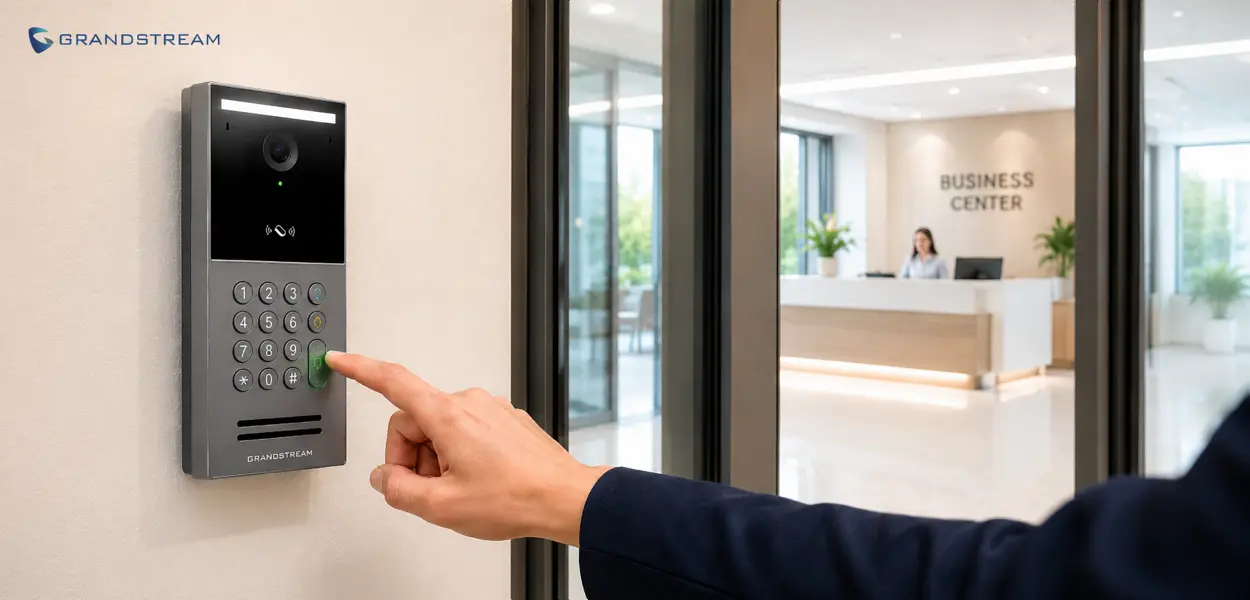 Grandstream GDS3710 video door system mounted at an office entrance in Dubai