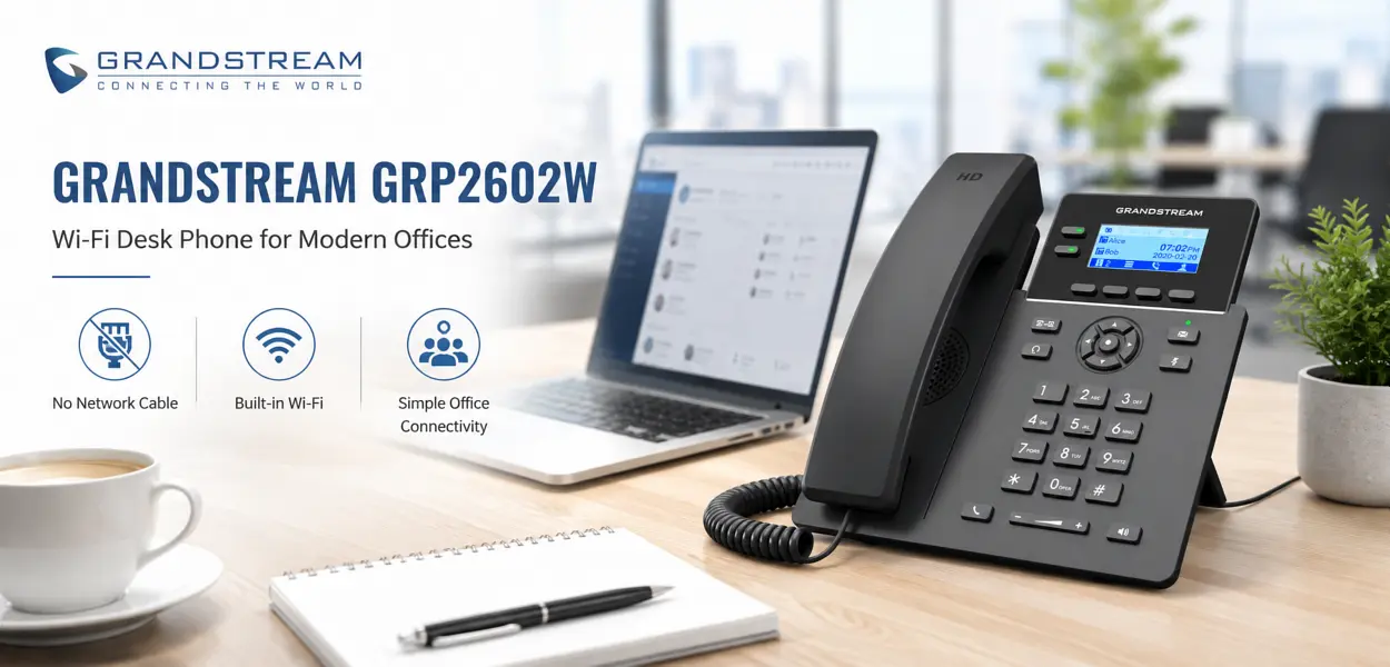 Grandstream GRP2615 WiFi desk phone on a Dubai office desk — no network cable